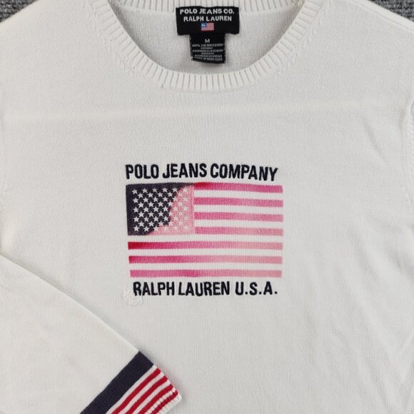 Polo Jeans Co American Flag Sweater Women Medium White Long Sleeve USA Theme - Picture 1 of 16